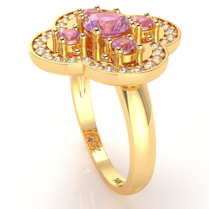 Shamrock Clover Flower Leaf Lab-Created Pink Sapphire Diamond Ring In 14k Yellow Gold