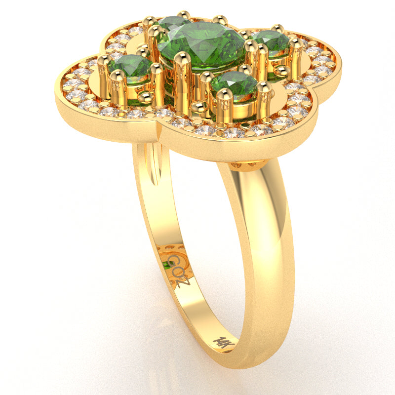 Shamrock Clover Flower Leaf Peridot Diamond Ring In 14k Yellow Gold