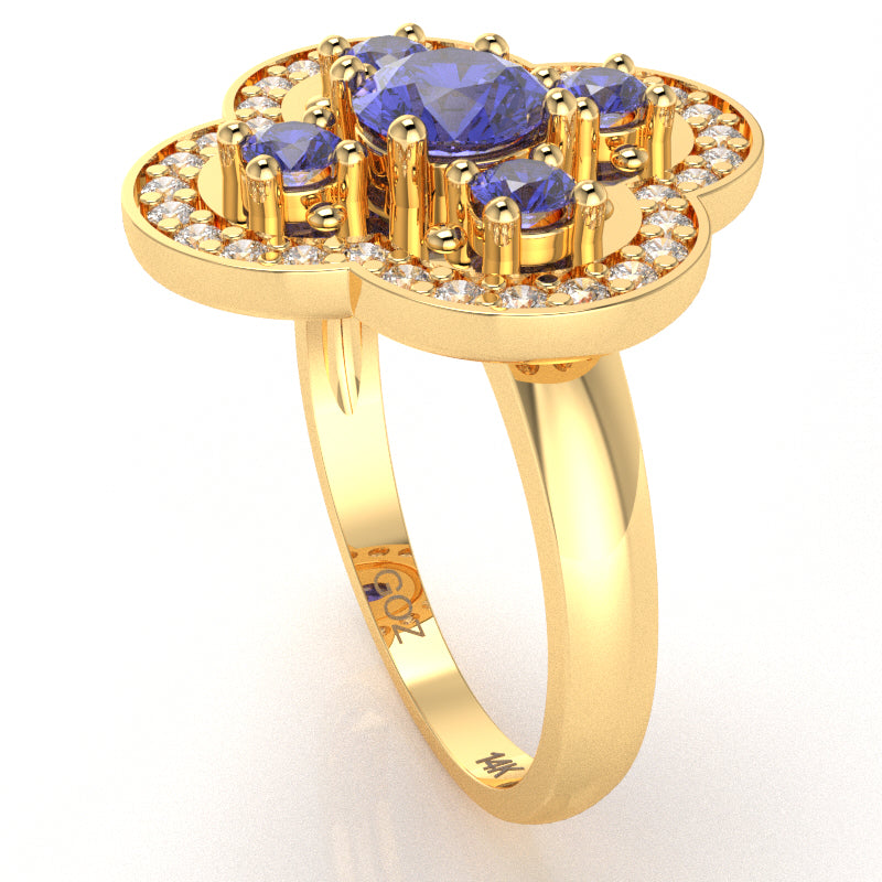 Shamrock Clover Flower Leaf Tanzanite Diamond Ring In 14k Yellow Gold