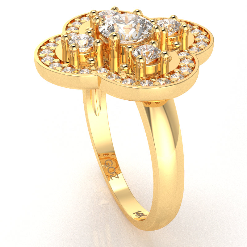 Shamrock Clover Flower Leaf White Topaz Diamond Ring In 14k Yellow Gold