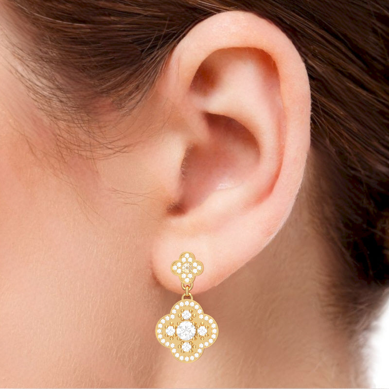 Shamrock Clover Flower Leaf White Topaz Diamond Earrings In 14k Yellow Gold