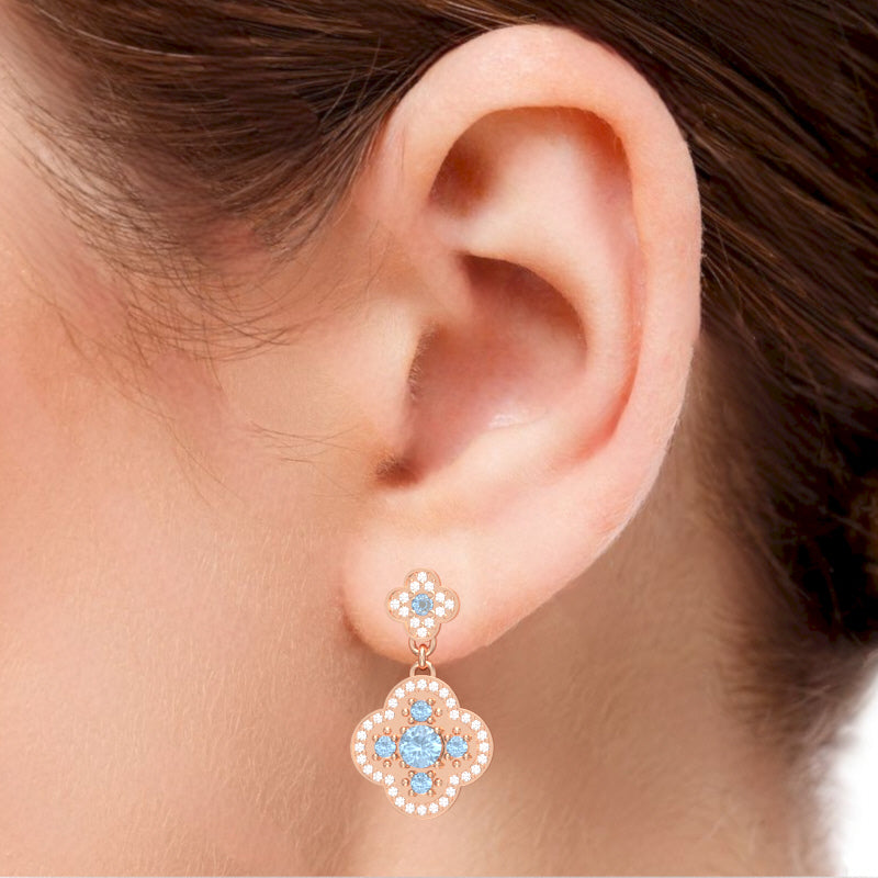 Shamrock Clover Flower Leaf Aquamarine Diamond Earrings In 14k Rose Gold