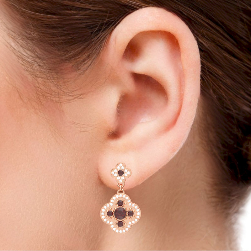 Shamrock Clover Flower Leaf Lab-Created Ruby Diamond Earrings In 14k Rose Gold