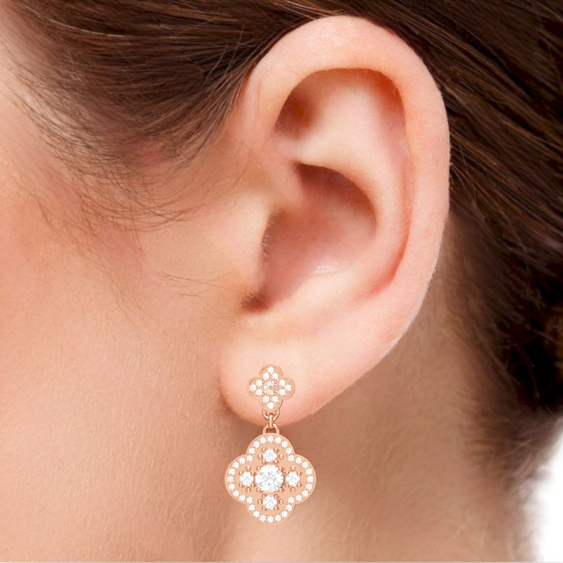 Shamrock Clover Flower Leaf White Topaz Diamond Earrings In 14k Rose Gold