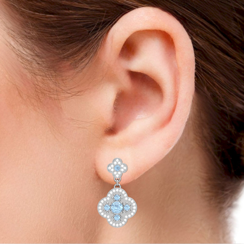 Shamrock Clover Flower Leaf Aquamarine Diamond Earrings In 14k White Gold