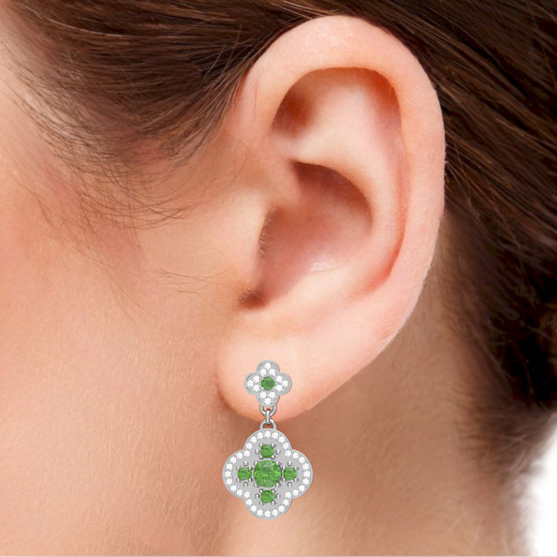 Shamrock Clover Flower Leaf Peridot Diamond Earrings In 14k White Gold