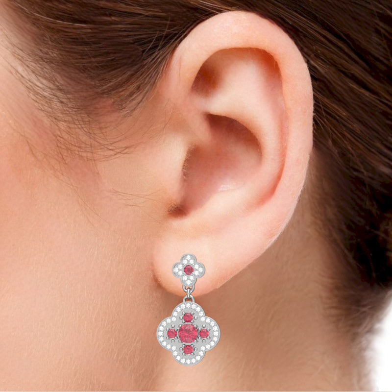 Shamrock Clover Flower Leaf Pink Tourmaline Diamond Earrings In 14k White Gold