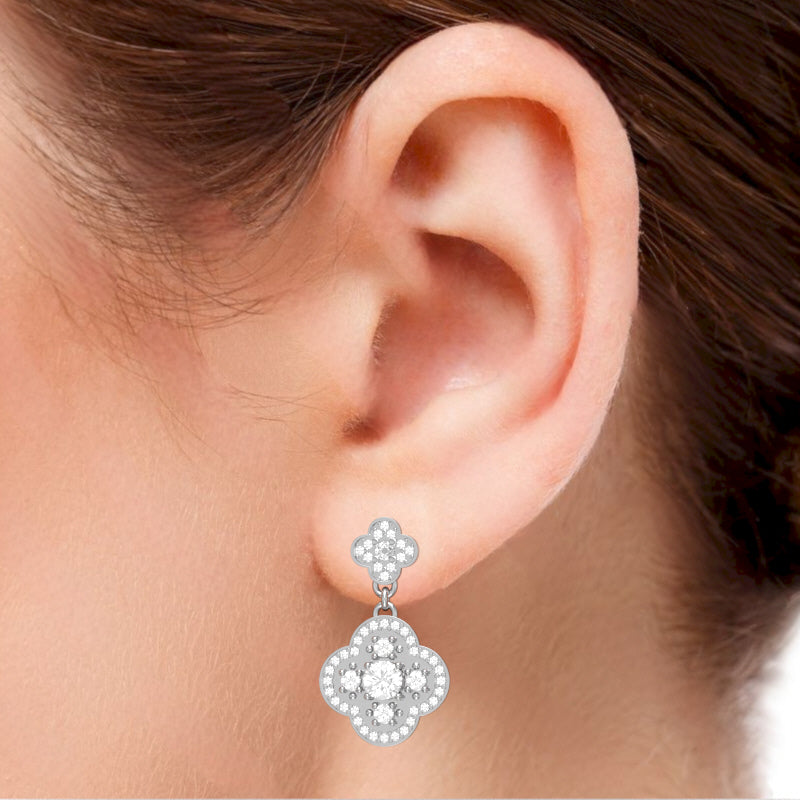 Shamrock Clover Flower Leaf White Topaz Diamond Earrings In 14k White Gold