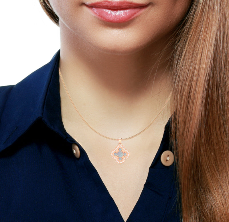 Shamrock Clover Flower Leaf Opal Diamond Pendant In 14k Rose Gold