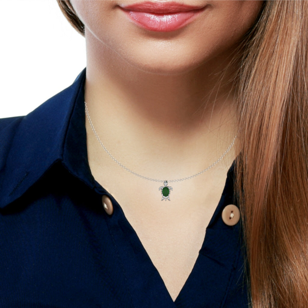 Emerald Diamond  Sea Turtle Pendant In 14k White Gold