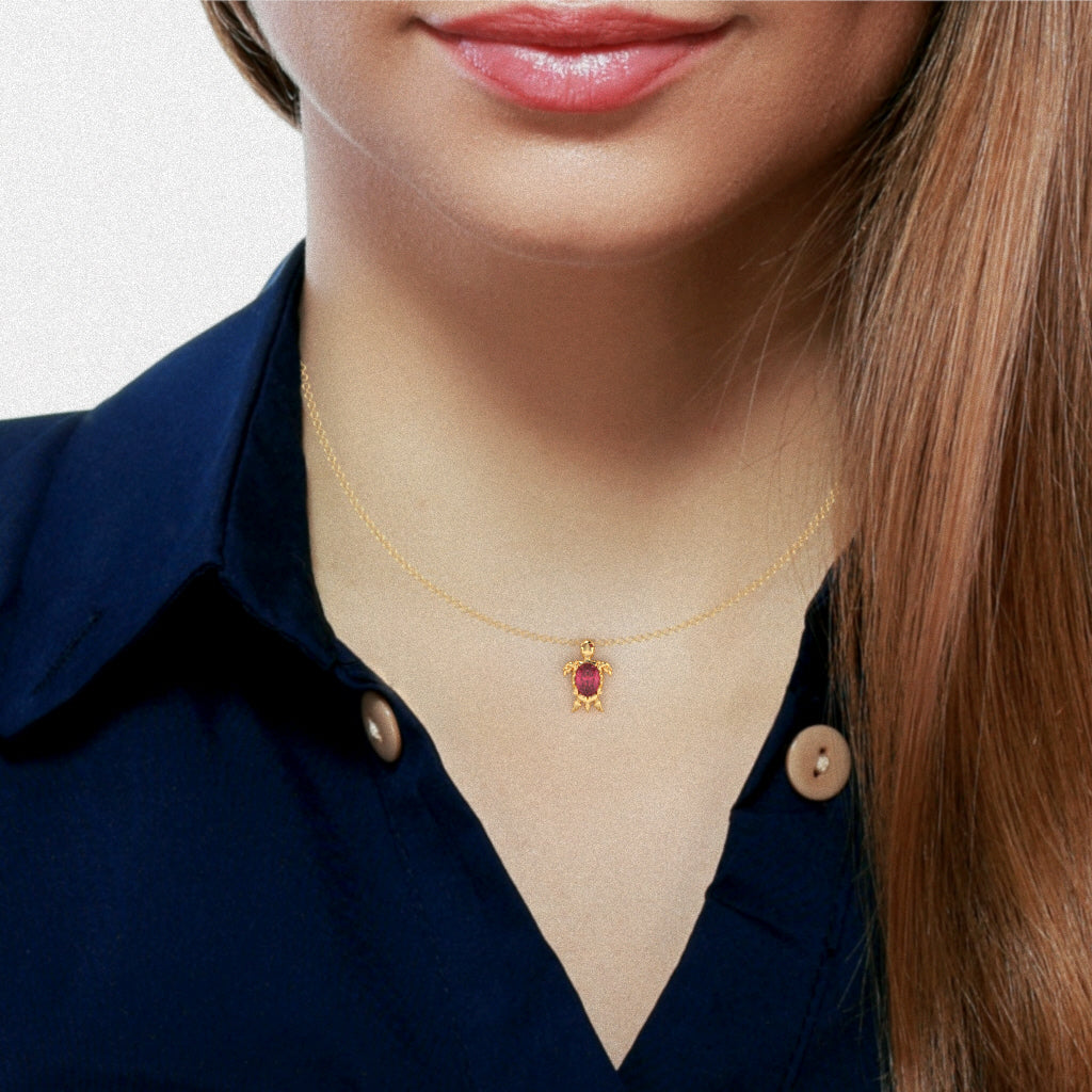 Pink Tourmaline Diamond  Sea Turtle Pendant In 10k Yellow Gold