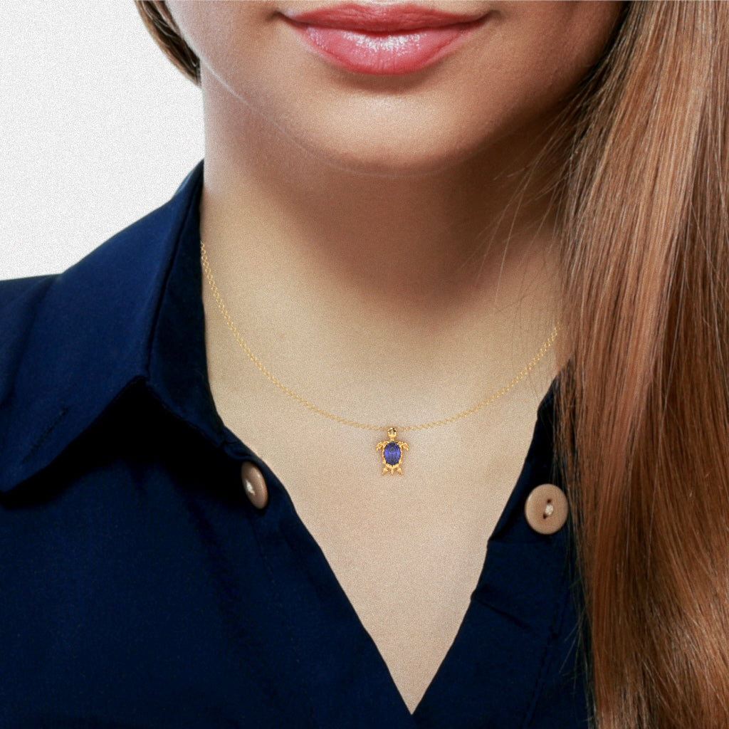 Tanzanite Diamond  Sea Turtle Pendant In 14k Yellow Gold