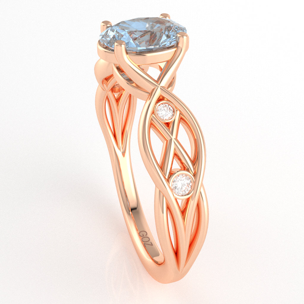Aquamarine Diamond Celtic Knot Curles Ring In 14k Rose Gold