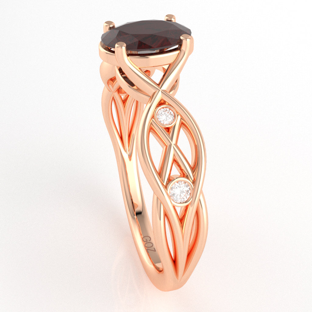 Garnet Diamond Celtic Knot Curles Ring In 14k Rose Gold