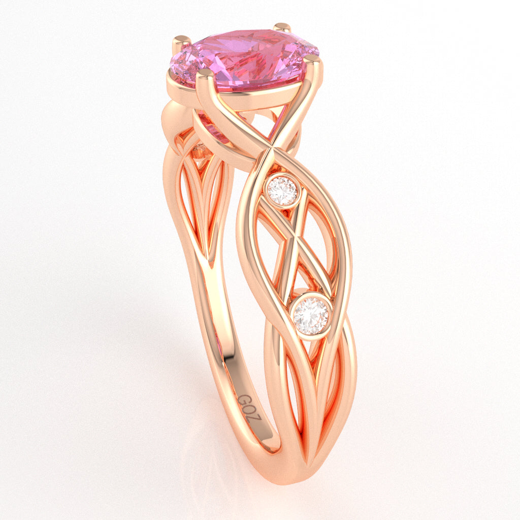 Lab-Created Pink Sapphire Diamond Celtic Knot Curles Ring In 10k Rose Gold