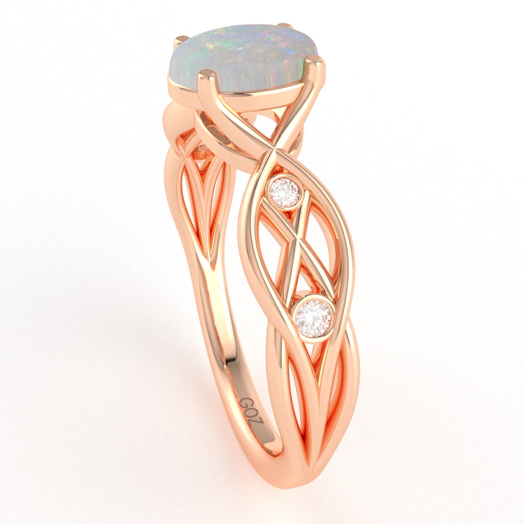 Opal Diamond Celtic Knot Curles Ring In 14k Rose Gold
