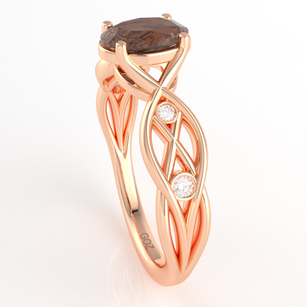 Smoky Quartz Diamond Celtic Knot Curles Ring In 14k Rose Gold