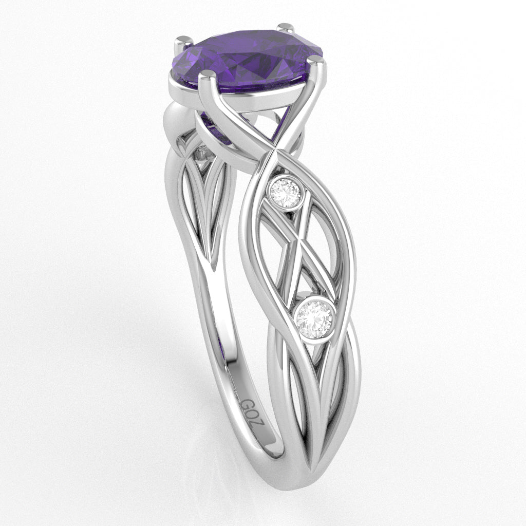 Amethyst Diamond Celtic Knot Curles Ring In 10k White Gold