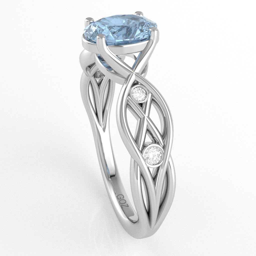 Aquamarine Diamond Celtic Knot Curles Ring In 14k White Gold