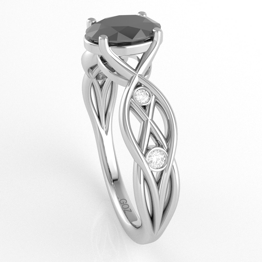 Black Onyx Diamond Celtic Knot Curles Ring In 14k White Gold