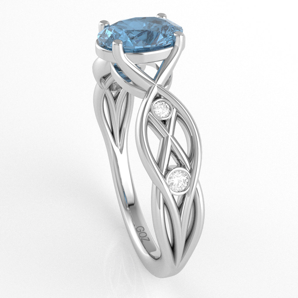 Blue Topaz Diamond Celtic Knot Curles Ring In 10k White Gold