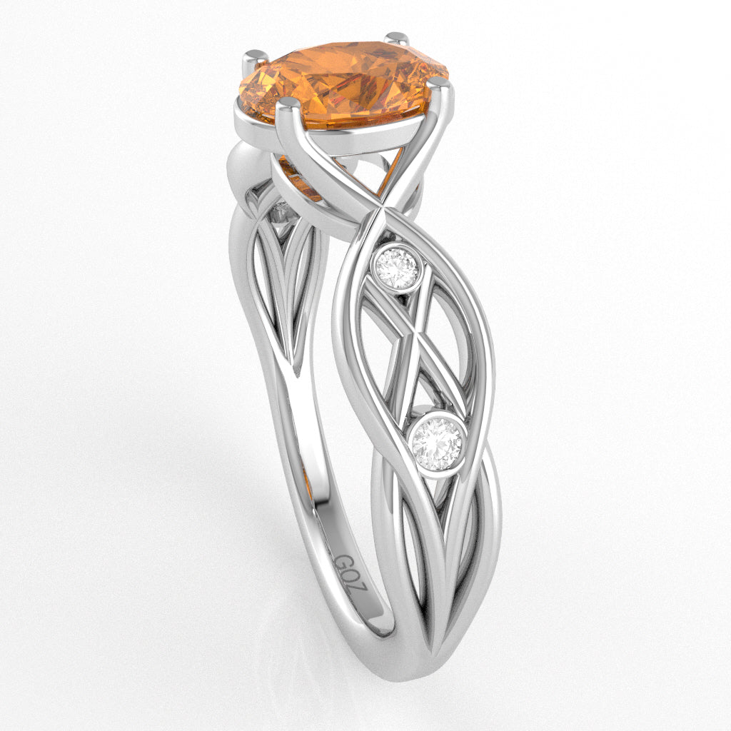 Citrine Diamond Celtic Knot Curles Ring In 14k White Gold