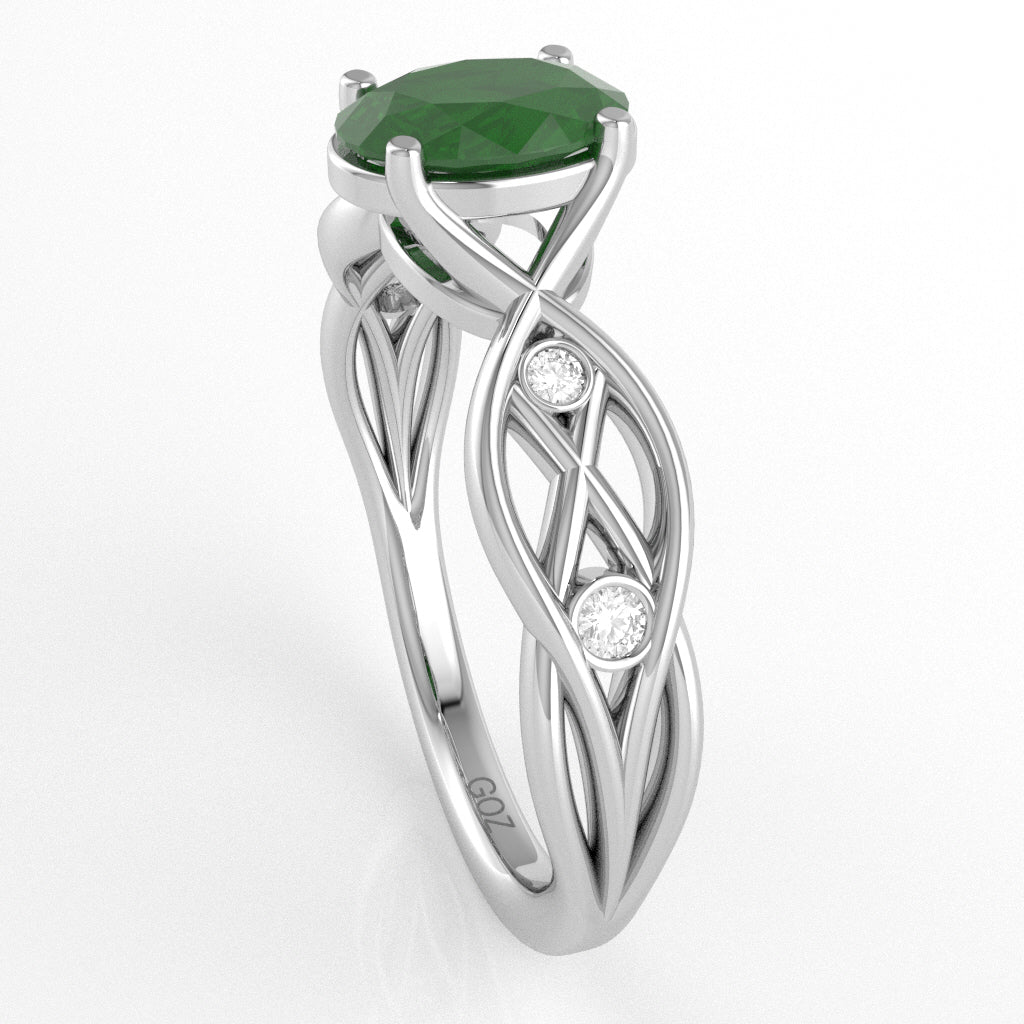 Emerald Diamond Celtic Knot Curles Ring In 10k White Gold