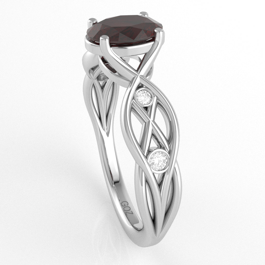 Garnet Diamond Celtic Knot Curles Ring In 10k White Gold