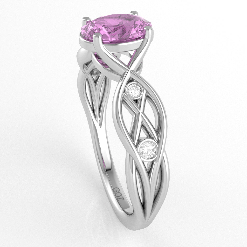 Lab-Created Pink Sapphire Diamond Celtic Knot Curles Ring In 10k White Gold