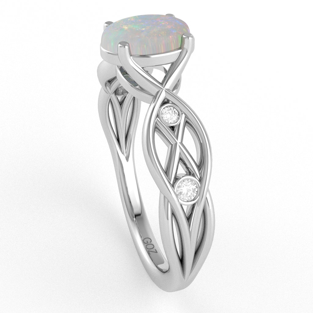 Opal Diamond Celtic Knot Curles Ring In 14k White Gold
