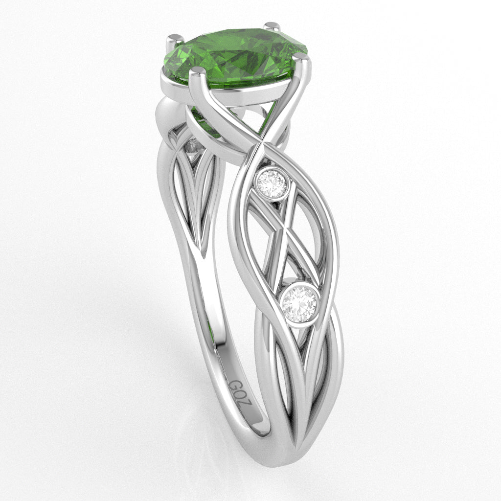 Peridot Diamond Celtic Knot Curles Ring In 14k White Gold