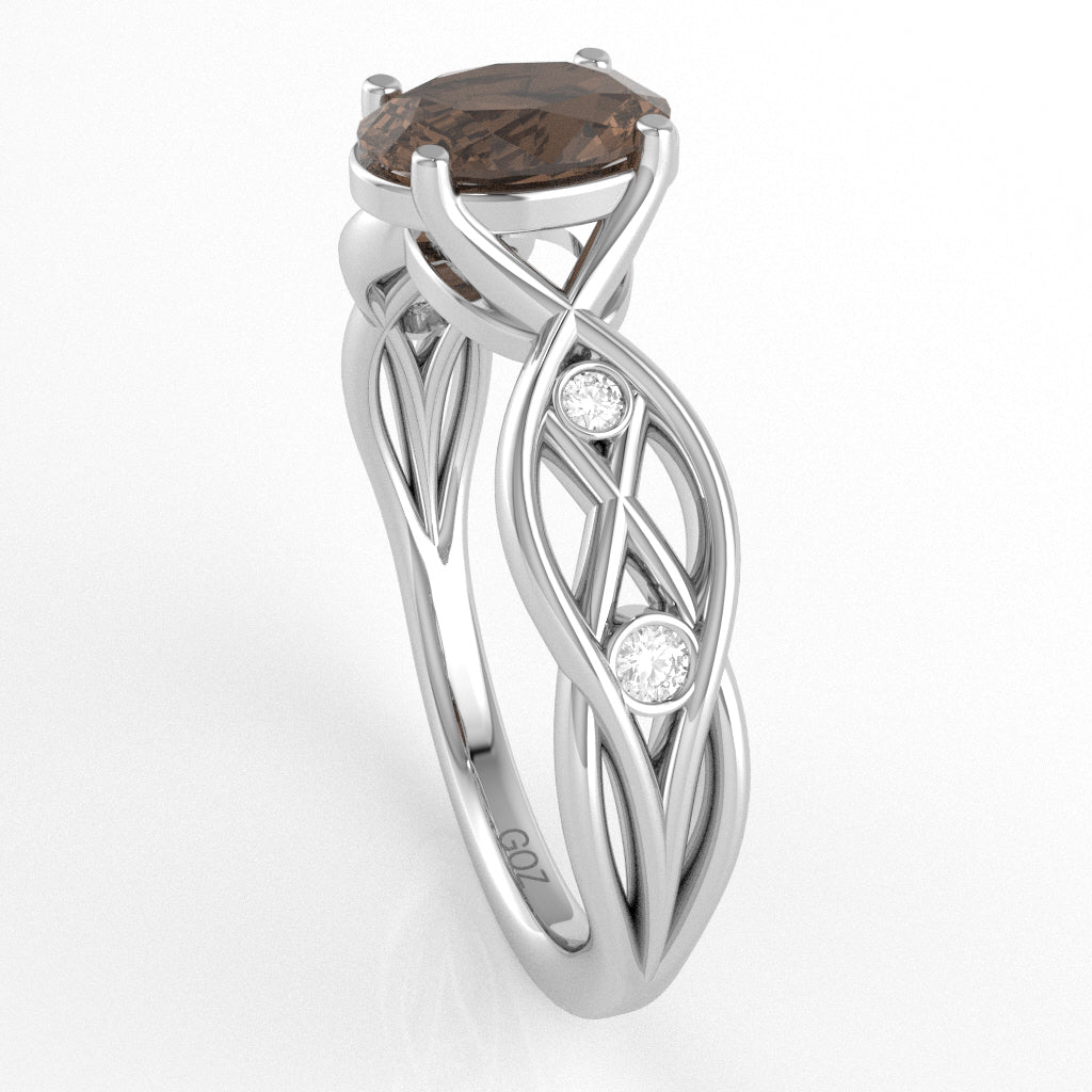 Smoky Quartz Diamond Celtic Knot Curles Ring In 14k White Gold