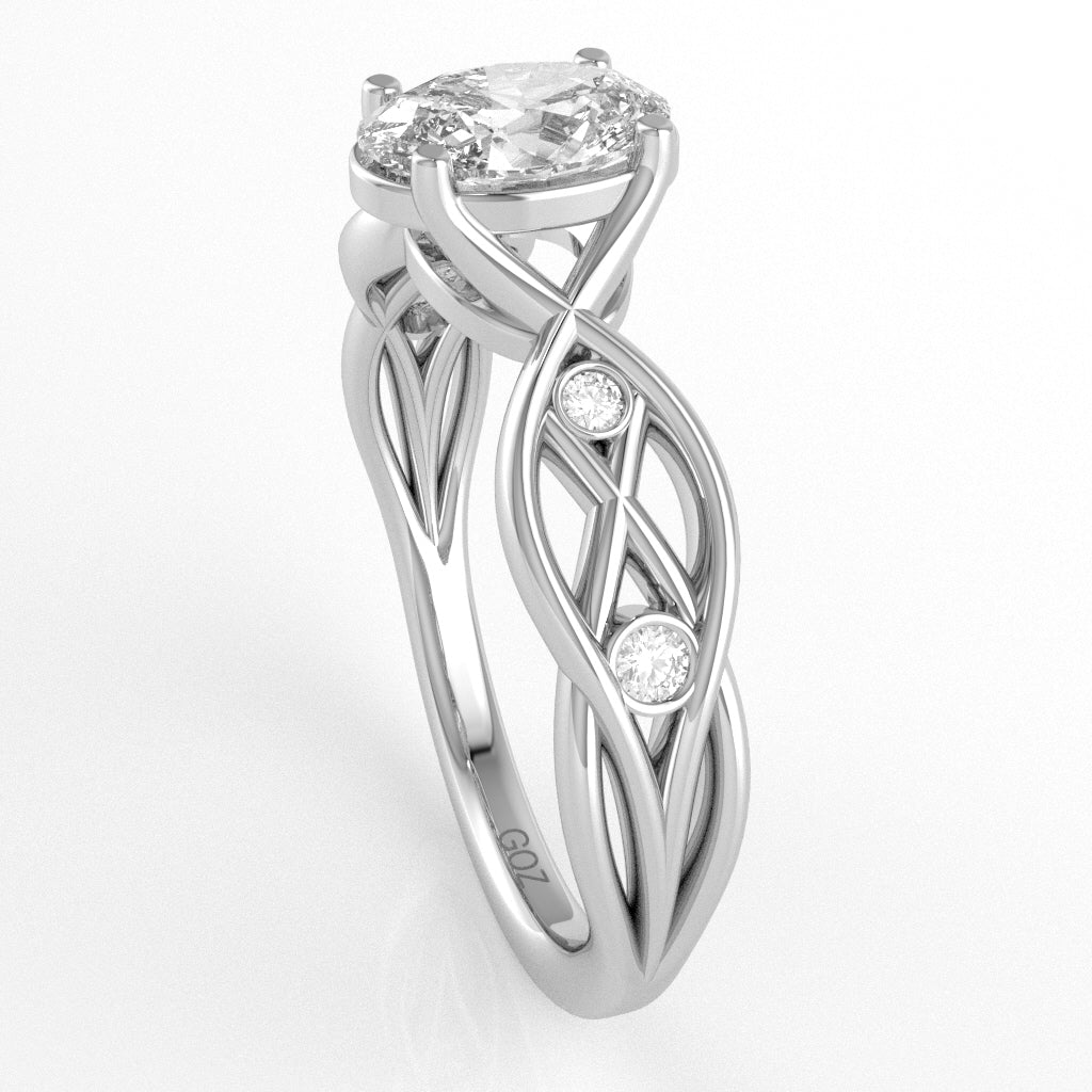White Topaz Diamond Celtic Knot Curles Ring In 14k White Gold