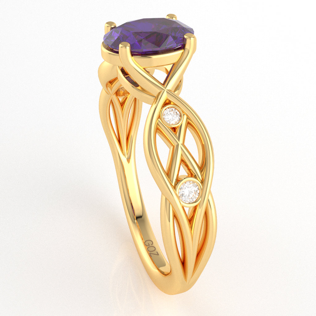 Amethyst Diamond Celtic Knot Curles Ring In 14k Yellow Gold