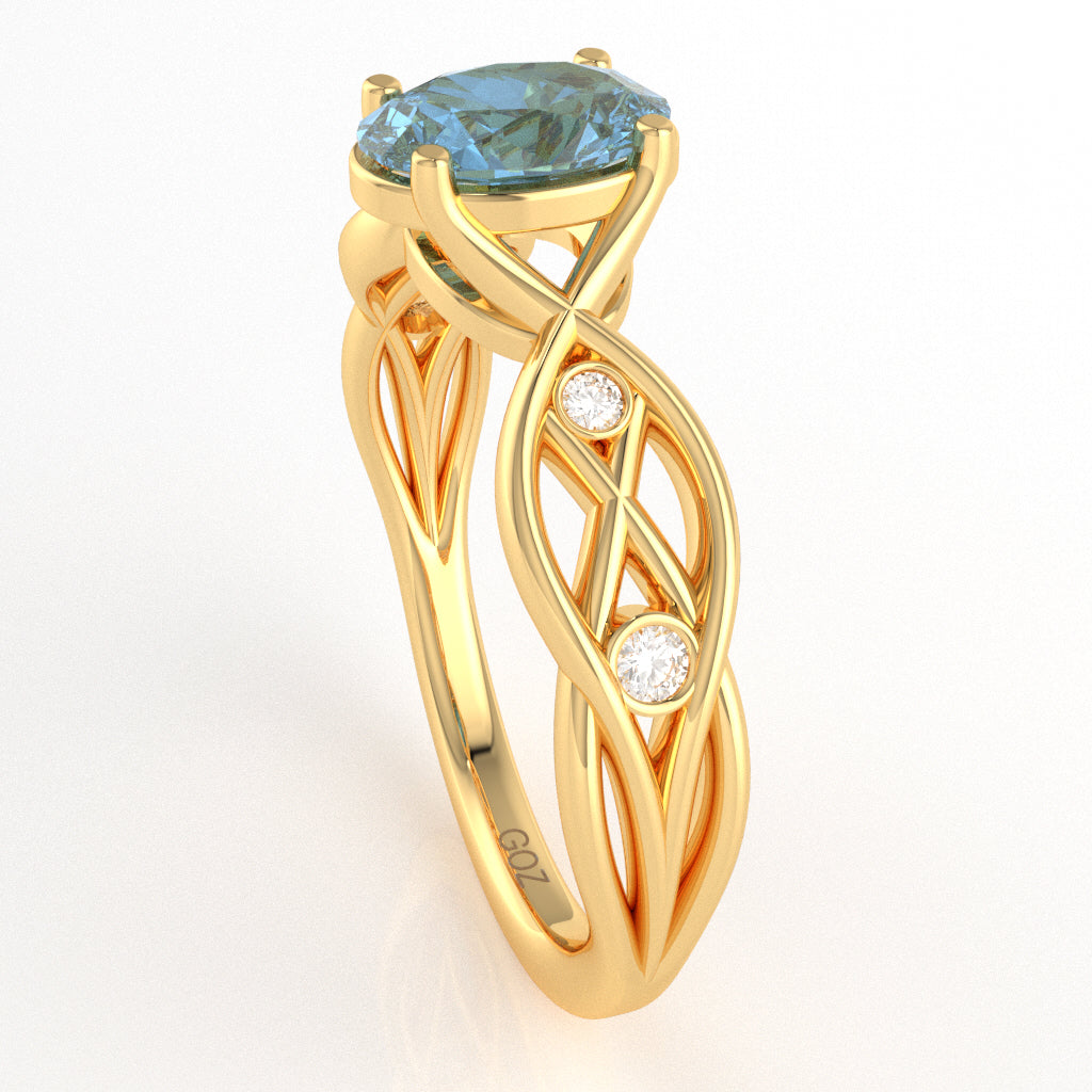 Blue Topaz Diamond Celtic Knot Curles Ring In 10k Yellow Gold