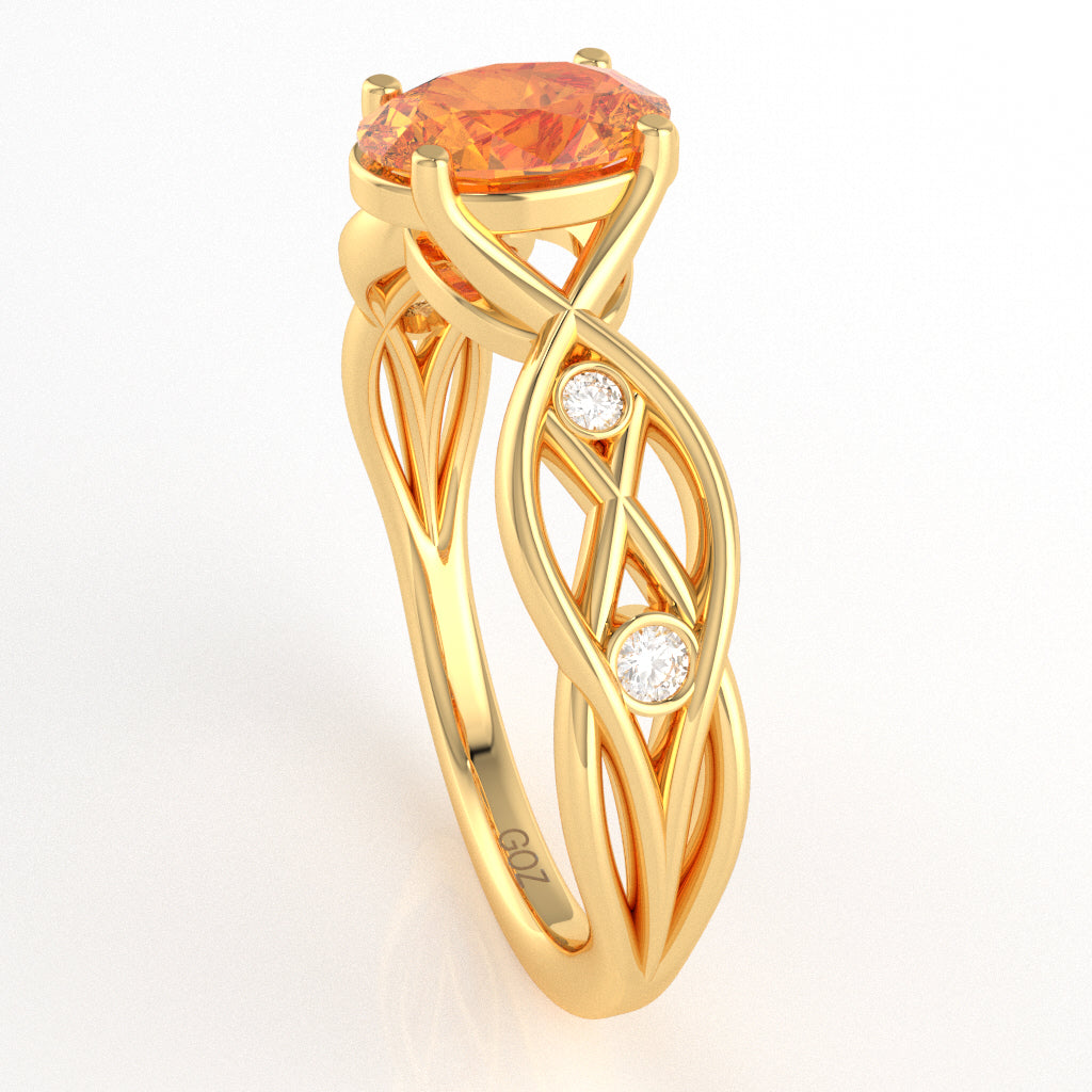 Citrine Diamond Celtic Knot Curles Ring In 14k Yellow Gold
