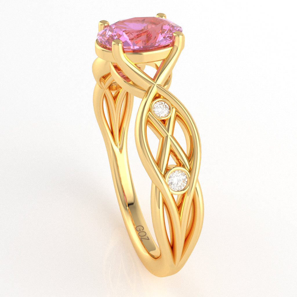 Lab-Created Pink Sapphire Diamond Celtic Knot Curles Ring In 10k Yellow Gold
