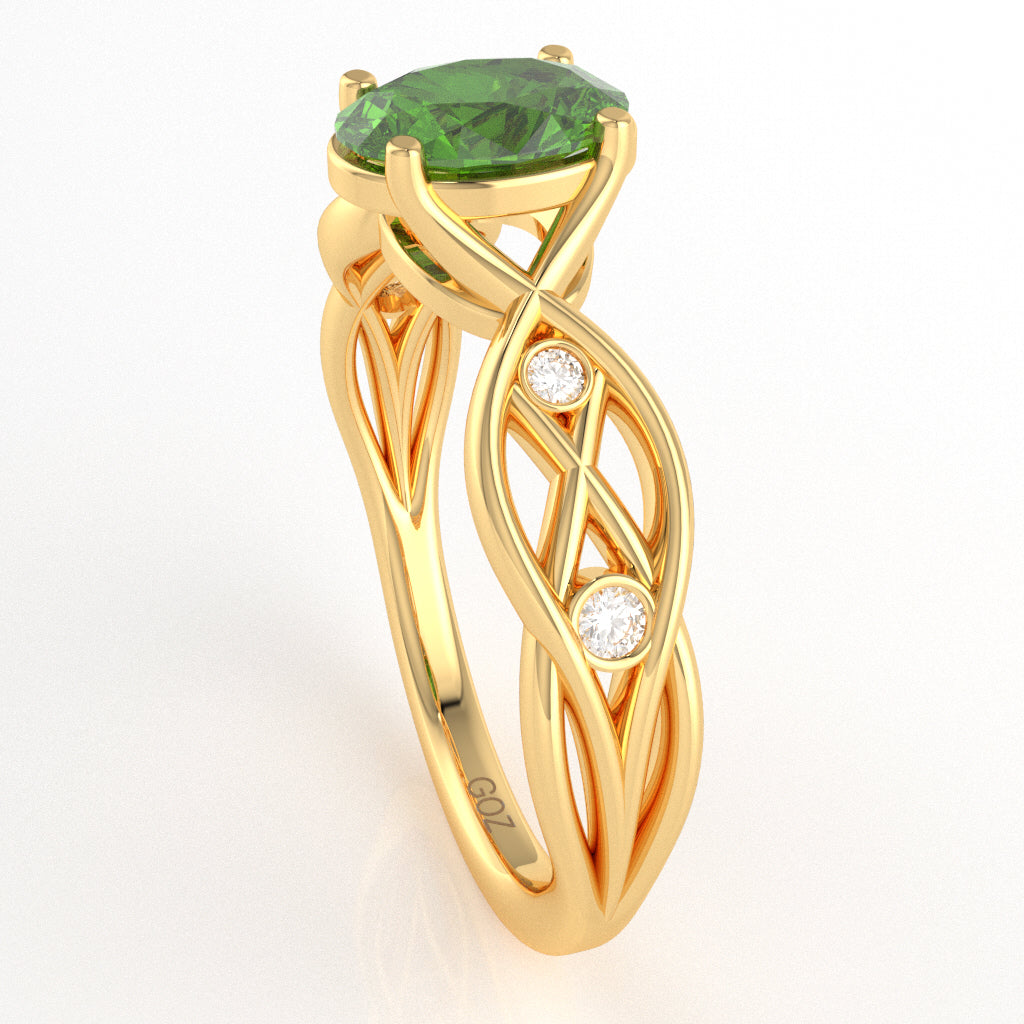Peridot Diamond Celtic Knot Curles Ring In 14k Yellow Gold