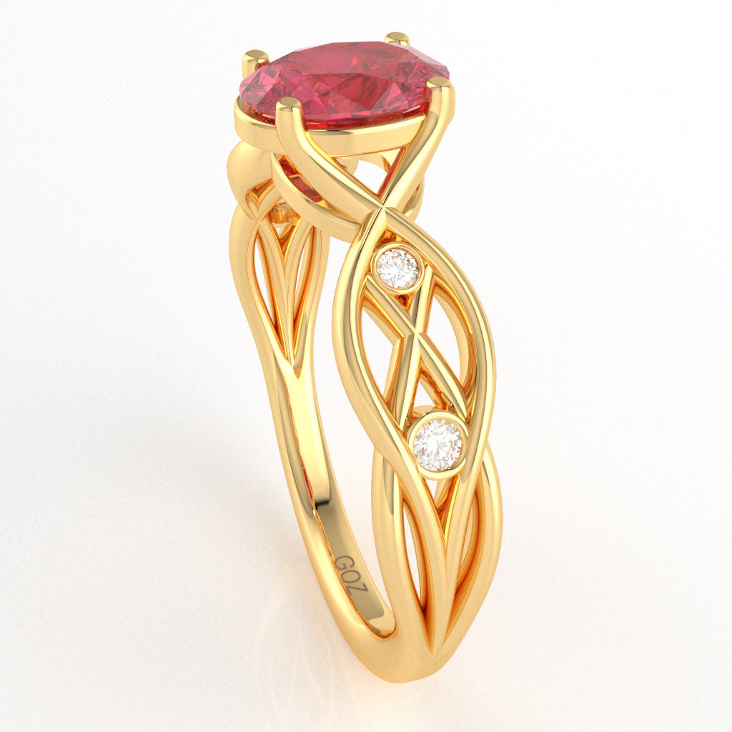 Pink Tourmaline Diamond Celtic Knot Curles Ring In 14k Yellow Gold