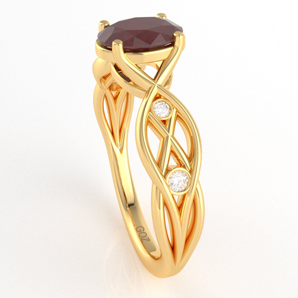 Ruby Diamond Celtic Knot Curles Ring In 10k Yellow Gold