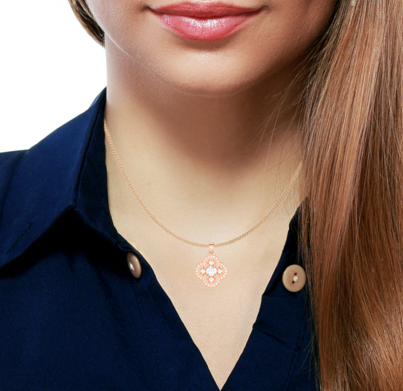 Shamrock Clover Flower Leaf White Topaz Diamond Pendant In 14k Rose Gold