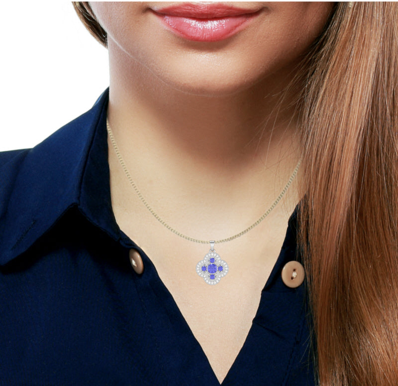 Shamrock Clover Flower Leaf Tanzanite Diamond Pendant In 14k White Gold