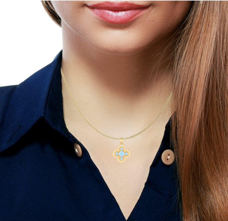 Shamrock Clover Flower Leaf Aquamarine Diamond Pendant In 14k Yellow Gold