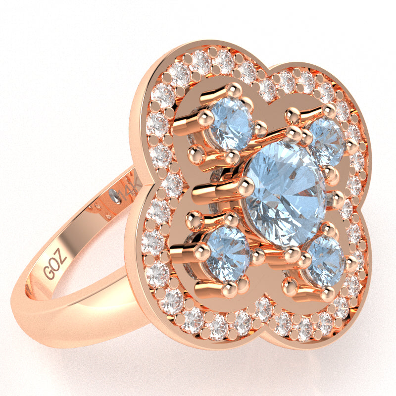 Shamrock Clover Flower Leaf Aquamarine Diamond Ring In 14k Rose Gold