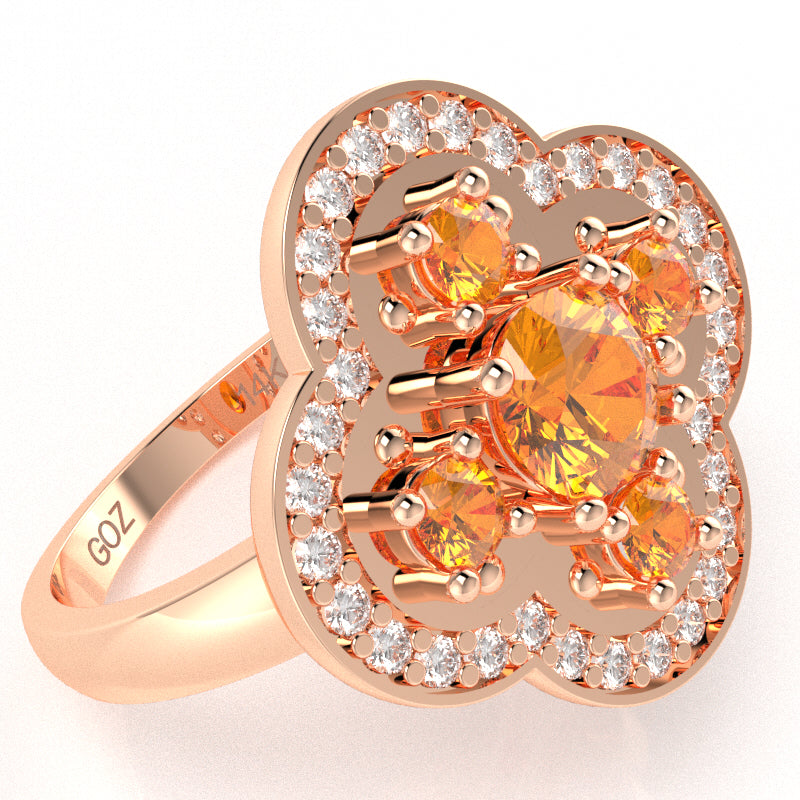 Shamrock Clover Flower Leaf Citrine Diamond Ring In 14k Rose Gold