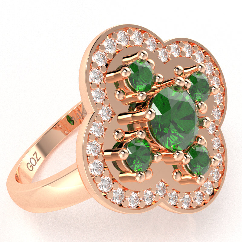 Shamrock Clover Flower Leaf Lab-Created Emerald Diamond Ring In 14k Rose Gold