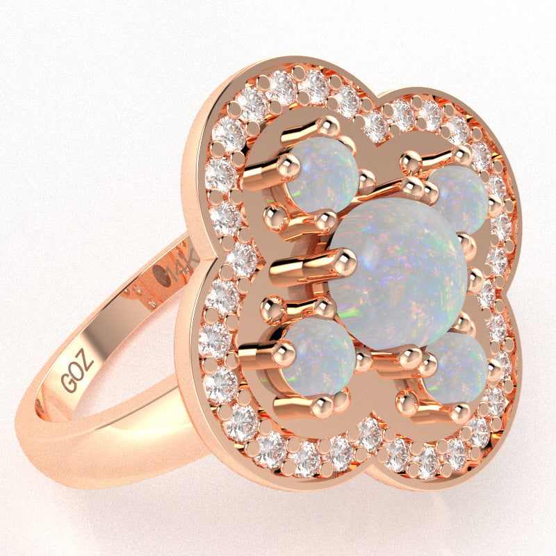 Shamrock Clover Flower Leaf Opal Diamond Ring In 14k Rose Gold
