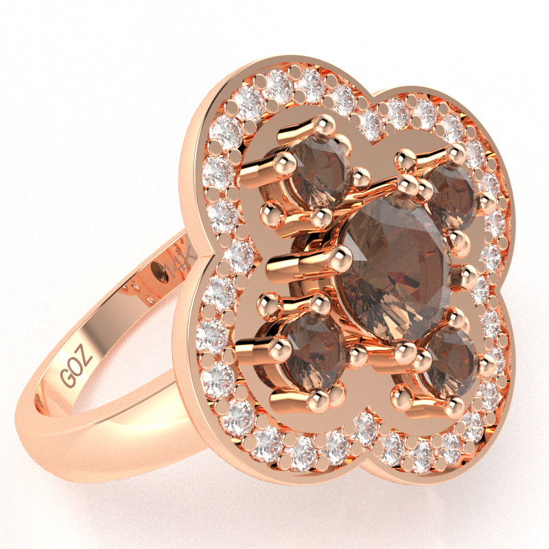 Shamrock Clover Flower Leaf Smoky Quartz Diamond Ring In 14k Rose Gold