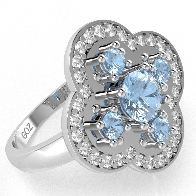 Shamrock Clover Flower Leaf Aquamarine Diamond Ring In 14k White Gold