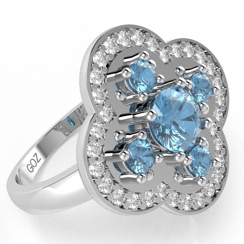 Shamrock Clover Flower Leaf Blue Topaz Diamond Ring In 14k White Gold